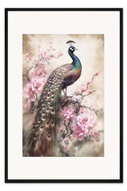 Gerahmter Kunstdruck Pfau Fantasie im Blumengarten