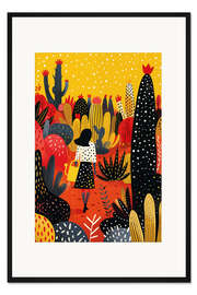 Gerahmter Kunstdruck Gärtnerin im Boho-Kaktusgarten