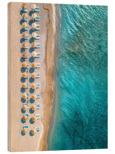 Wood print Aerial view of beach with umbrellas on Crete, Greece
