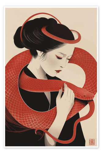 Poster Geisha with Red Snake