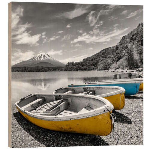 Tableau en bois Picturesque Shoji Lake with Fuji in colorkey