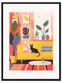 Ingelijste kunstdruk Black boho cat in pastel