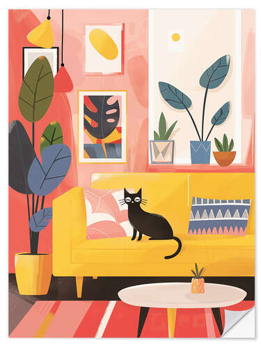 Selvklæbende plakat Black boho cat in pastel