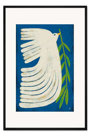 Gerahmter Kunstdruck Weiße Friedenstaube fliegt unter blauem Himmel