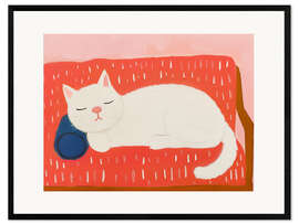Impression artistique encadrée Sleepy White Cat