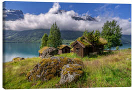 Leinwandbild Urige Almhütten Breng Seter, See Lovatnet, Norwegen - Achim Thomae