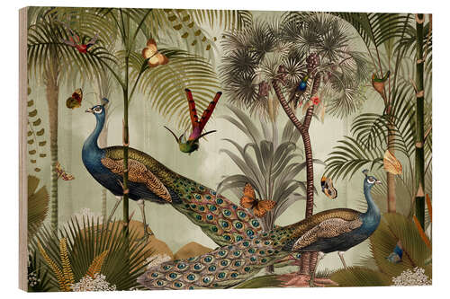 Tableau en bois Exotic peacocks in the jungle I
