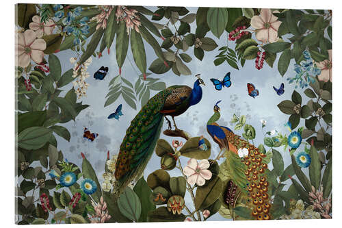 Akrylbilde Lush rainforest with peacocks and butterflies