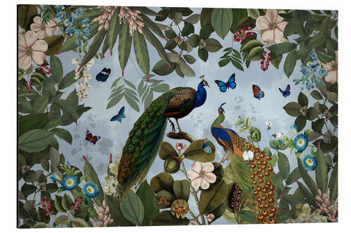 Quadro em alumínio Lush rainforest with peacocks and butterflies