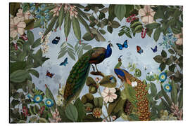 Quadro em alumínio Lush rainforest with peacocks and butterflies - UtArt