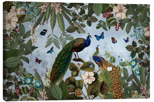 Canvas print Lush rainforest with peacocks and butterflies