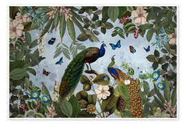 Wall print Lush rainforest with peacocks and butterflies - UtArt