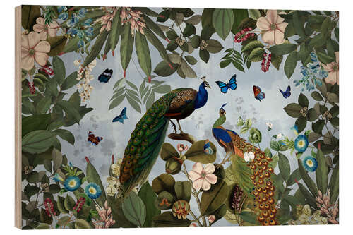 Cuadro de madera Lush rainforest with peacocks and butterflies