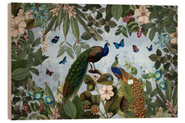 Tableau en bois Lush rainforest with peacocks and butterflies - UtArt