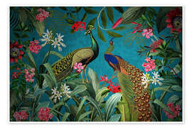 Wall print Radiant peacock in floral Jungle - UtArt