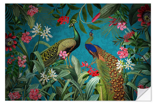 Naklejka na ścianę Radiant peacock in floral Jungle