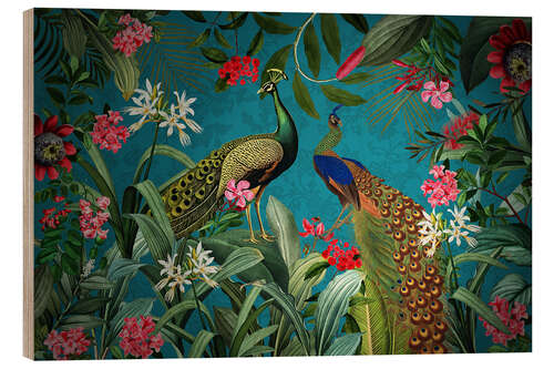 Tableau en bois Radiant peacock in floral Jungle