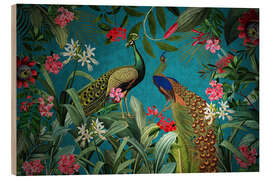 Tableau en bois Radiant peacock in floral Jungle
