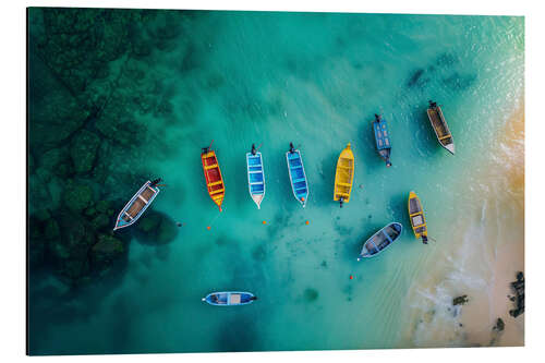 Alumiinitaulu Aerial view of boats on the beach in Mauritius
