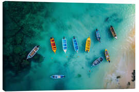 Leinwandbild Luftbild Bunte Boote am Strand auf Mauritius - Christian Müringer