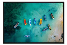 Gerahmter Kunstdruck Luftbild Bunte Boote am Strand auf Mauritius
