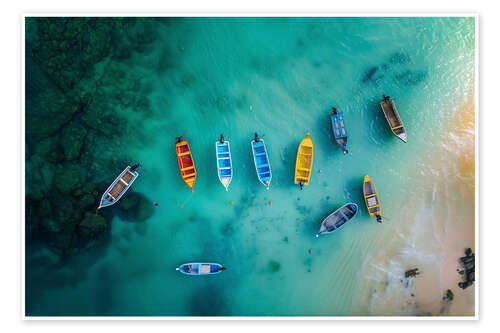 Poster Aerial view of boats on the beach in Mauritius