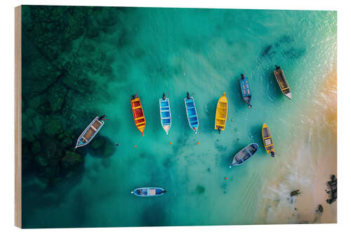 Wood print Aerial view of boats on the beach in Mauritius