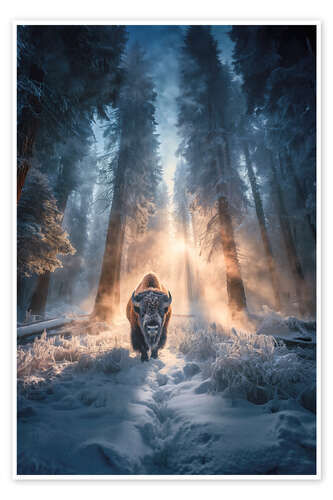 Poster Lonely bison in the winter forest