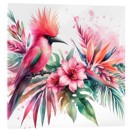 Obraz na szkle akrylowym Tropical bird romance with pink watercolour splash - nobelart