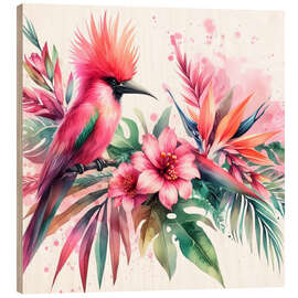 Holzbild Tropischer Vogel mit rosa Aquarell-Hintergrund - nobelart