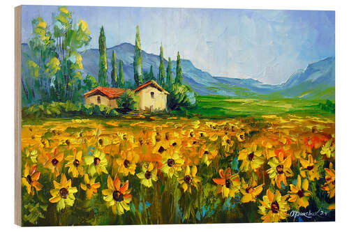 Holzbild Ranch und Sonnenblumenfeld