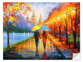Selvklebende plakat Romantic walk in the rain