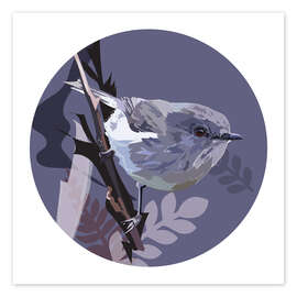 Wall print Grey warbler on purple circle background - Anna McKay