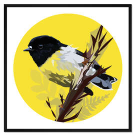 Gerahmter Kunstdruck Meise auf gelbem Kreis
