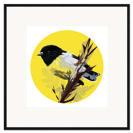 Gerahmter Kunstdruck Meise auf gelbem Kreis