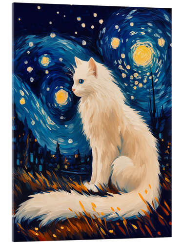 Akrylbilde White cat in the starry night