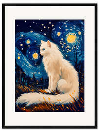 Gerahmter Kunstdruck Weiße Katze in der Sternennacht