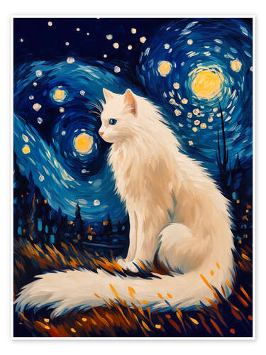 Poster White cat in the starry night