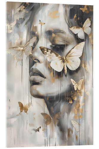 Tableau en verre acrylique Woman portrait with golden butterflies