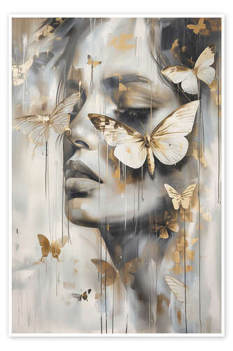 Poster Woman portrait with golden butterflies