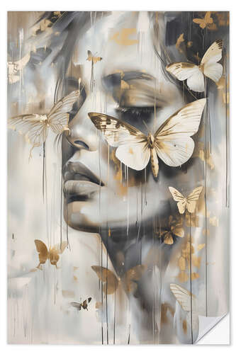 Selvklæbende plakat Woman portrait with golden butterflies