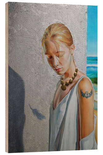 Wood print Beautiful blonde girl with golden shell necklace