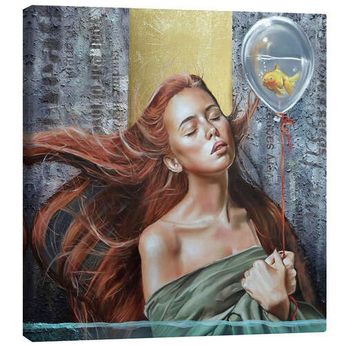 Obraz na płótnie Red-haired mermaid dives with her goldfish