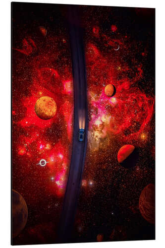 Alubild Auto auf dem Weg zum roten Sternbild mit Planeten