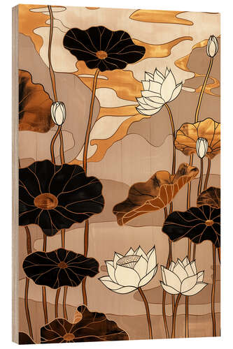 Wood print Golden Japanese Lotus Pond