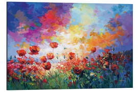 Aluminium print Red Poppy Flower Field at Sunset