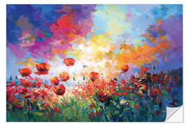 Selvklebende plakat Red Poppy Flower Field at Sunset