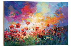 Quadro de madeira Red Poppy Flower Field at Sunset - Leon Devenice