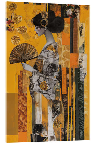 Akrylglastavla Woman with fan in gold