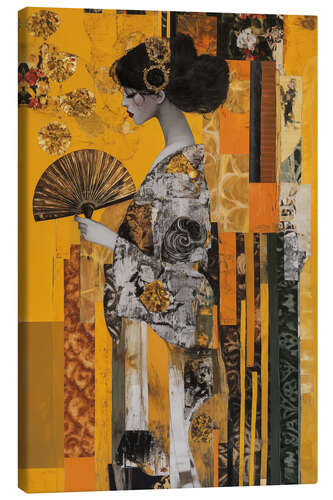Leinwandbild Frau mit Fächer in Gold
